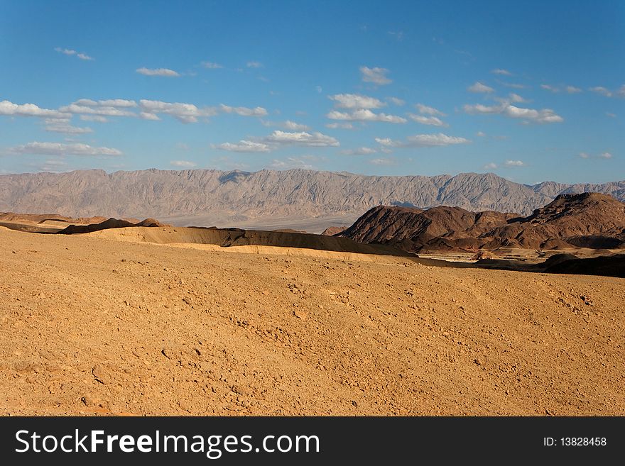 Rocky desert landscape at sunset in Israel