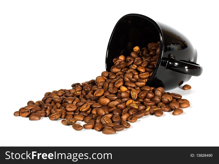 Cup with grain coffee isolated on white background