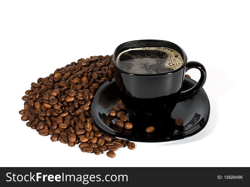 Black cup of coffee and coffee beans isolated on white background