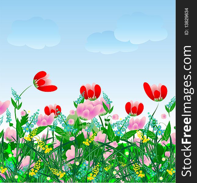 Meadow background with colored flowers