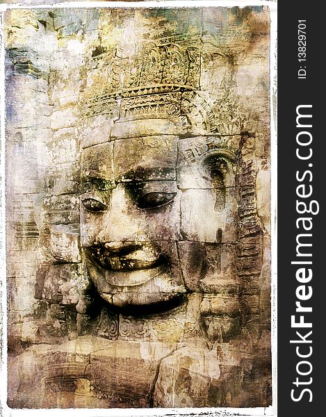 Mysterious temples of ancient Cambodia -artwork in retro painting style. Mysterious temples of ancient Cambodia -artwork in retro painting style