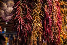 Close Up Photo Of Different Kinds Of Dried Chili Peppers Braided And Hanged At Farmer Market Royalty Free Stock Image