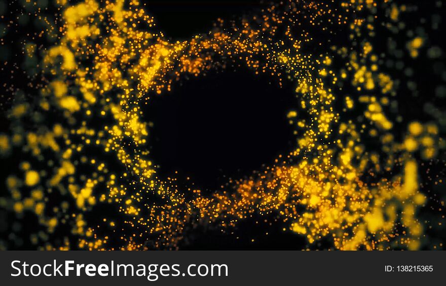 Abstract colored particles moving in circle on black background. Abstraction of alive with shiny sequins moving around opening clear space on black background.