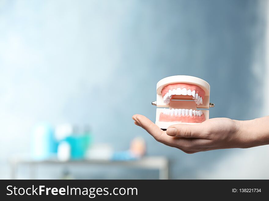 Dentist holding educational model of oral cavity with teeth in clinic, closeup. Space for text