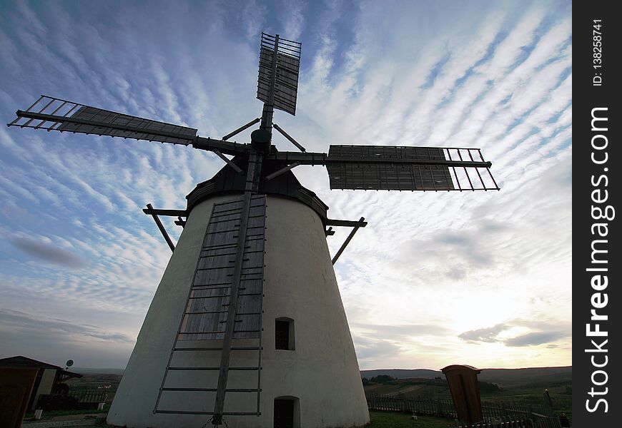 Closeup View On Windmill In Retz Austria With Impressive Sky