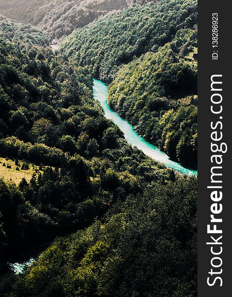 Landscape of river going through mountain and wood