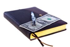 Dark Brown Leather Diary With Nacre Pen And 2 $ Royalty Free Stock Images Dark Brown Leather Diary With Nacre Pen And 2 $ Royalty Free Stock Images