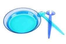 Blue Plastic Dishes, Spoon, Fork Royalty Free Stock Photos Blue Plastic Dishes, Spoon, Fork Royalty Free Stock Photos