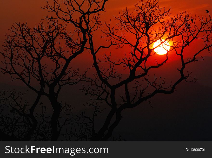 Beautiful red sunset in mountains