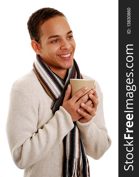 Teenage boy smiling holding cup isolated on white. Teenage boy smiling holding cup isolated on white