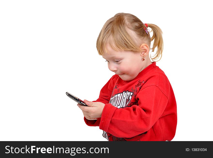 Child with mobile on white isolate background. Child with mobile on white isolate background