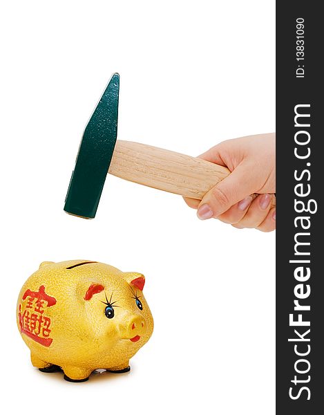 Hand With Hammer And Piggy Bank