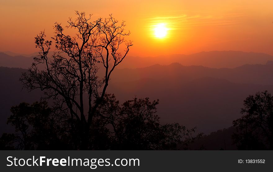 Beautiful red sunset in mountains