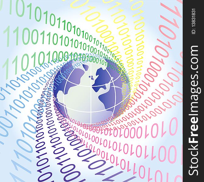Abstract background with earth and colorfull flows of binary figures. Abstract background with earth and colorfull flows of binary figures.