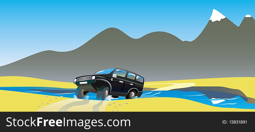 Off-road car crossing desert country with river and mountains. Off-road car crossing desert country with river and mountains.