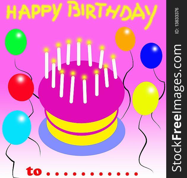 A birthday card with a cherry cake, candles and coloured balloons around. Digital drawing. Coloured picture. A birthday card with a cherry cake, candles and coloured balloons around. Digital drawing. Coloured picture.
