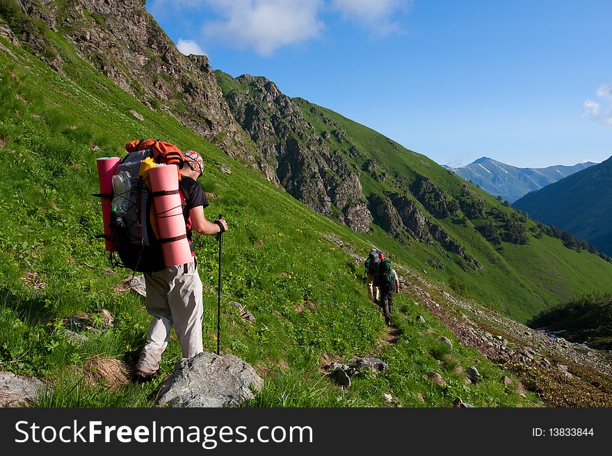 Hikers group in Caucasus mountains