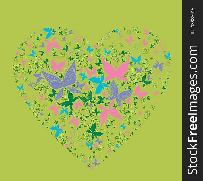 Colorful heart shape made from butterflies