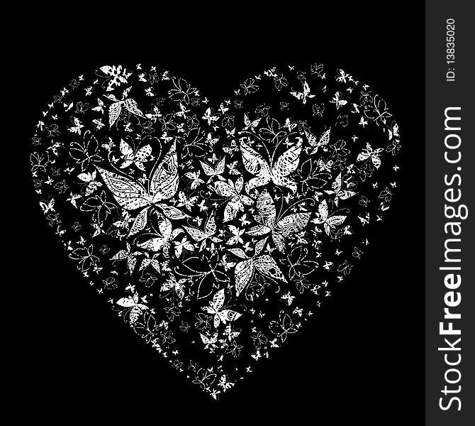 Black  grunge heart shape made from butterflies