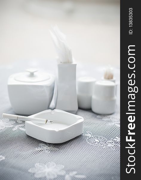 Cafe, coffee table with white crockery