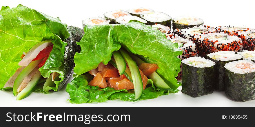 Sushi Set - Different Types of Maki Sushi and Hand Roll Sushi (temaki)