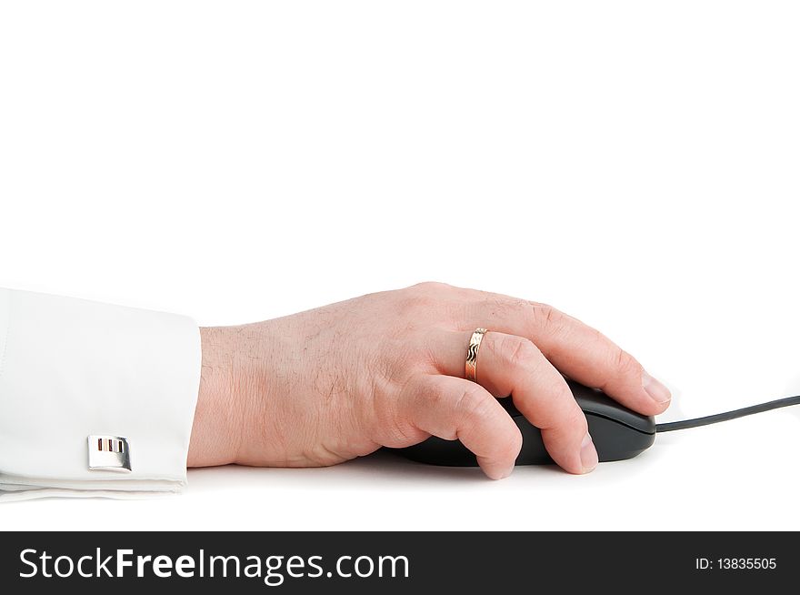 Hand holding black mouse white isolated. Hand holding black mouse white isolated