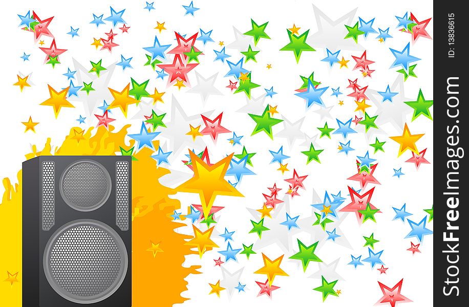 Abstract musical background with loudspeaker and stars