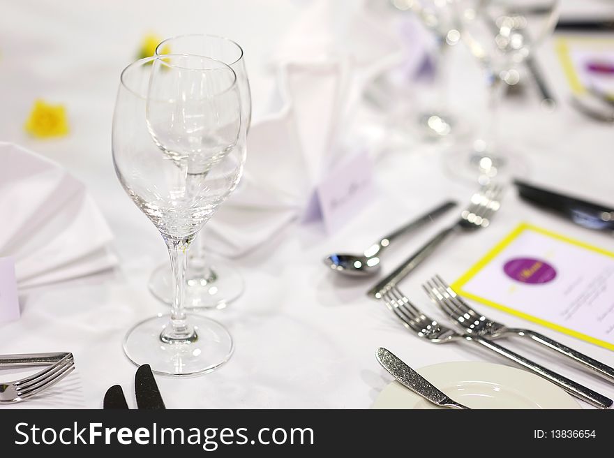 Wine glasses on a white festive table. Wine glasses on a white festive table