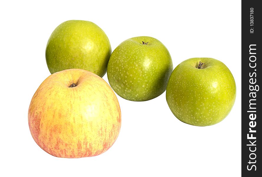 Four tasty green apples piled on a white background