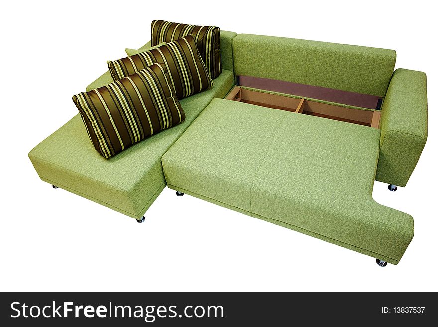 Modern design, green colored,  expandable sofa with box for linen, stripe pillows, and decorative, adjustable metal legs. Modern design, green colored,  expandable sofa with box for linen, stripe pillows, and decorative, adjustable metal legs.