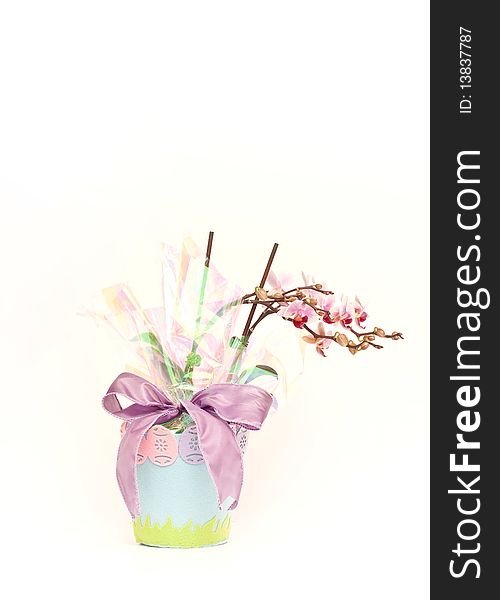 A Easter Themed Flower Pot with an Orchid Isolated on White. A Easter Themed Flower Pot with an Orchid Isolated on White.