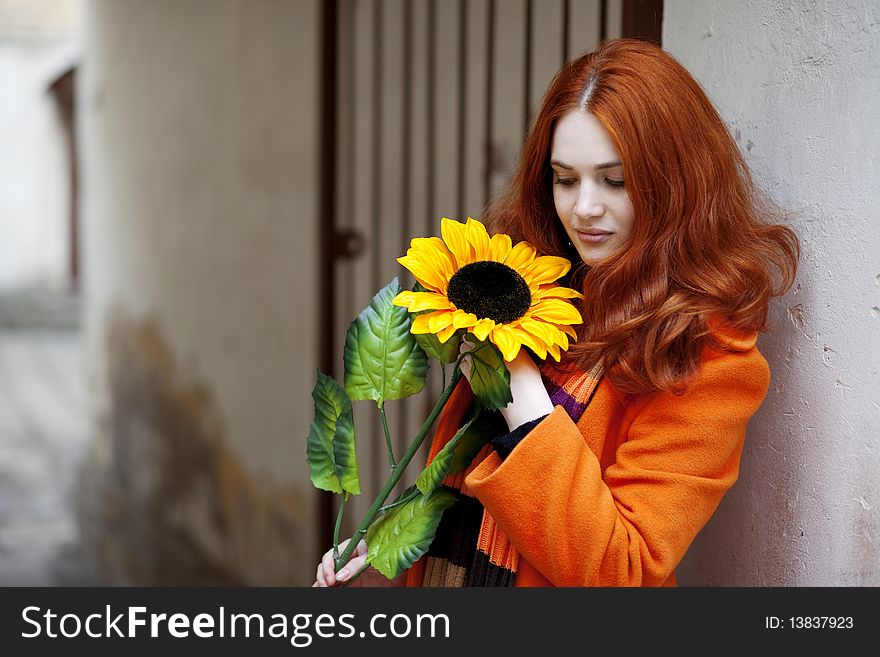 The image of a pretty girl walking with a sunflower city