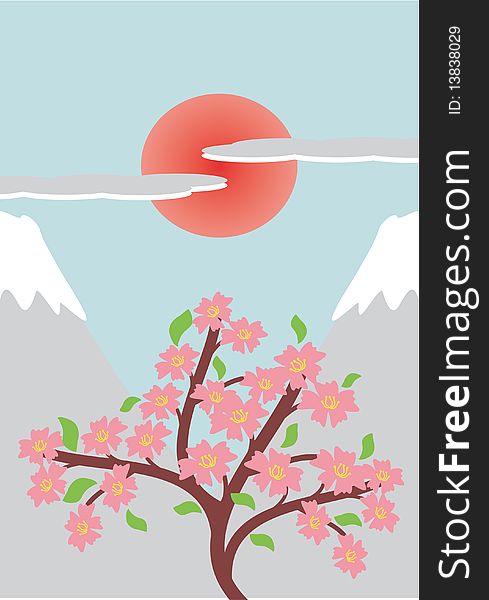 Japanese style illustration with cherry tree