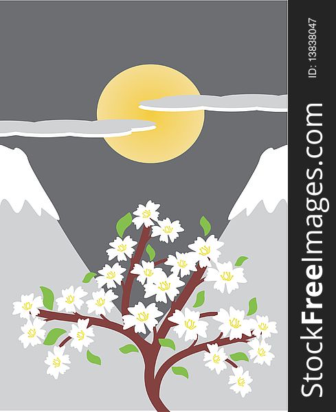 Illustration of japanese night with cherry tree