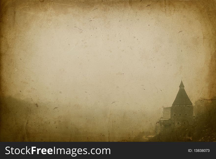 Grunge background with fortification in the fog. Space for text