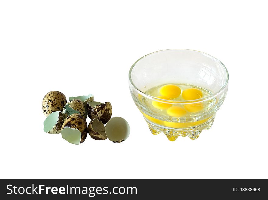 Making mayonnaise from quail eggs on white background isolated