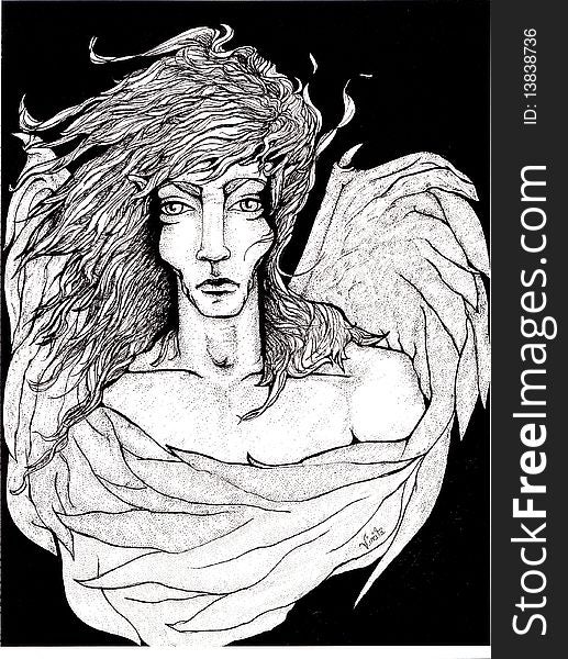 Original pen and ink drawing of Gabriel, a demon/angel
