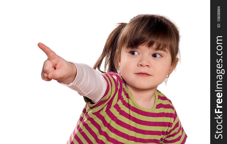 Funny little girl. Good for borders of articles or websites. Beautiful caucasian model. Isolated on white background.