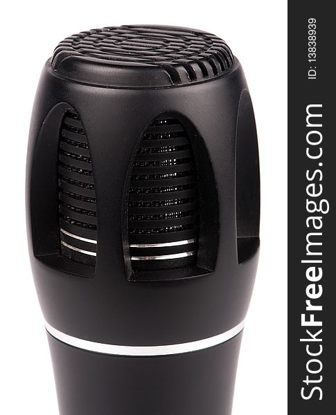 Black microphone. Close-up, isolated on a white background