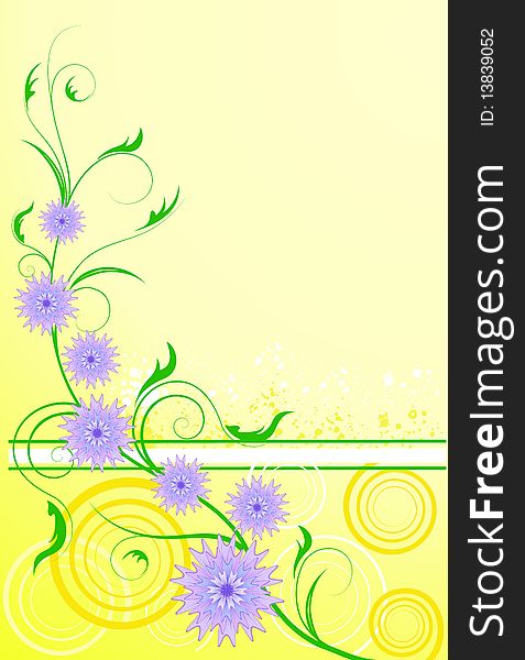 Abstract yellow background with bright cornflowers. Abstract yellow background with bright cornflowers