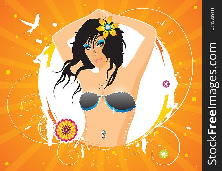 Summer party girl with flowers on hot sunny background. Summer party girl with flowers on hot sunny background