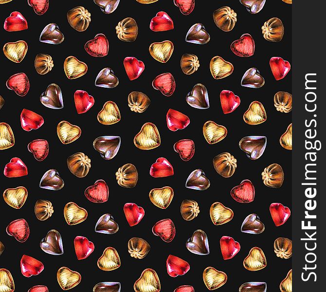 Seamless Pattern With Chocolate Heart In Gold And Red Foil, Red Glaze On Black Background.