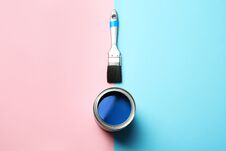 Open Paint Can And Brush On Color Background Royalty Free Stock Photography