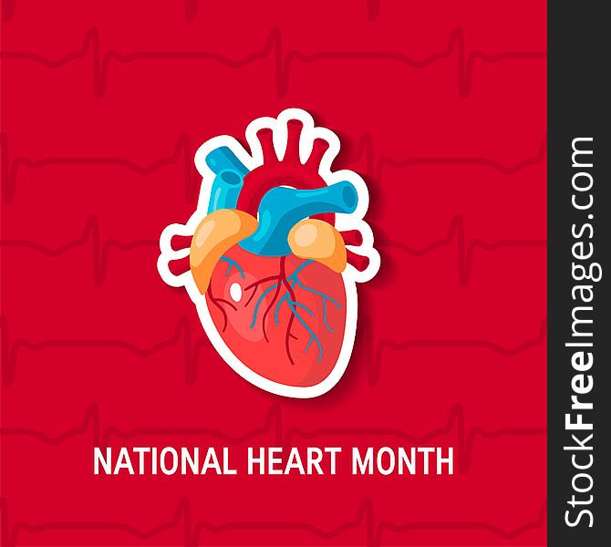 National heart month concept. Design with human heart in flat style, vector. National heart month concept. Design with human heart in flat style, vector