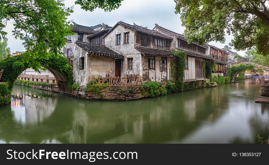 The canals, bridges and old buildings of the ancient water town Zhouzhuang in China