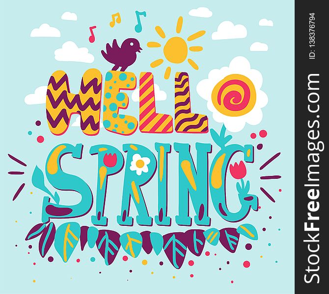 Hello spring hand drawn poster template