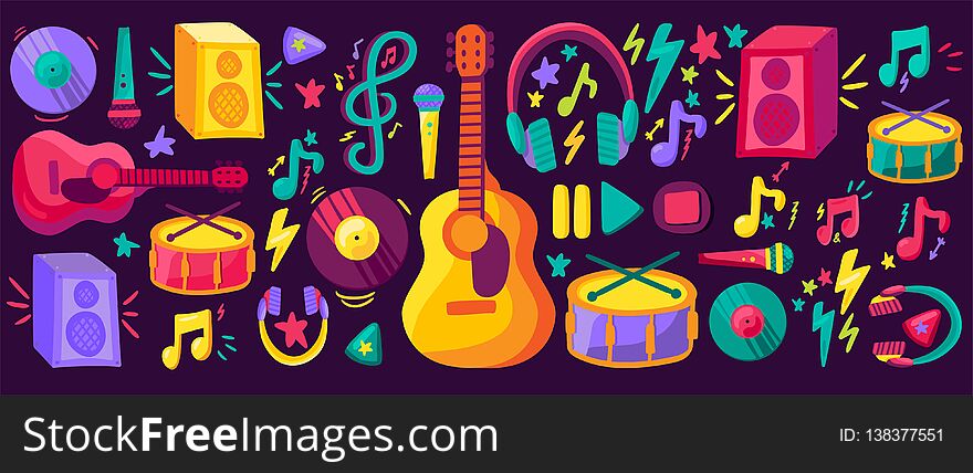 Musical instruments flat cliparts set. Hand drawn guitar, drums, records collection. Stickers pack