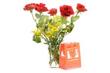 Bouquet Of Roses With Present Royalty Free Stock Photography Bouquet Of Roses With Present Royalty Free Stock Photography