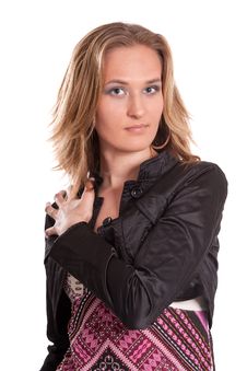 Young Blonde Modern Woman With Stylish Clothes Stock Photo