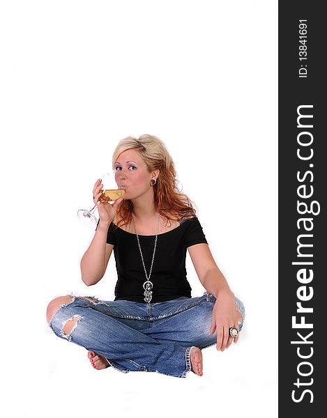 A isolated picture of a woman drinking wine. A isolated picture of a woman drinking wine